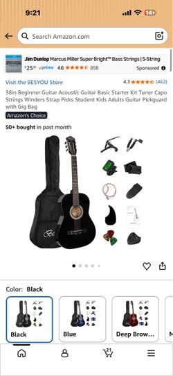 38in Beginner Acoustic Guitar Starter Kit – Black