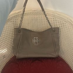 Tory Burch Britten slouchy tote purse bag satchel Crossbody gray leather strap