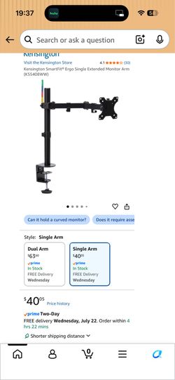 Kensington SmartFit® Ergo Single Extended Monitor Arm (K55408WW)