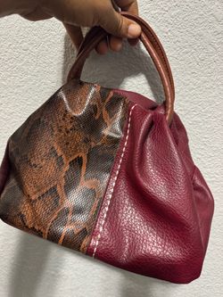 Burgundy Faux Leather Satchel Top Handle Bag Snake Print Panel Gold Hardware Zip