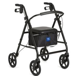 Medline Lightweight Aluminum Rollator, Folding Walker with 8" Wheels and 300 lbs Capacity, Black Frame