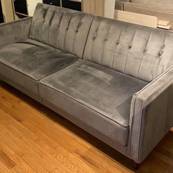 Wayfair Perdue 81.5” Pin Tufted Transitional Convertible Sofa Bed Futon in Gray Velvet Color