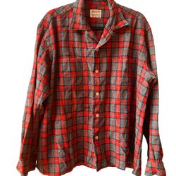 VTG 60s Amcrest Red Plaid Flannel Shirt Loop Collar Japan Made Wool Blend XL 