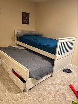 White Twin Captain's Bed with Trundle and Storage mattress included