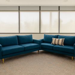 PAIR of Blue Velvet Sofas, each 70" W w/ Brass Legs – Excellent Condition