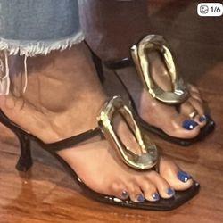 Gold And Black Sandals With Gold Accent