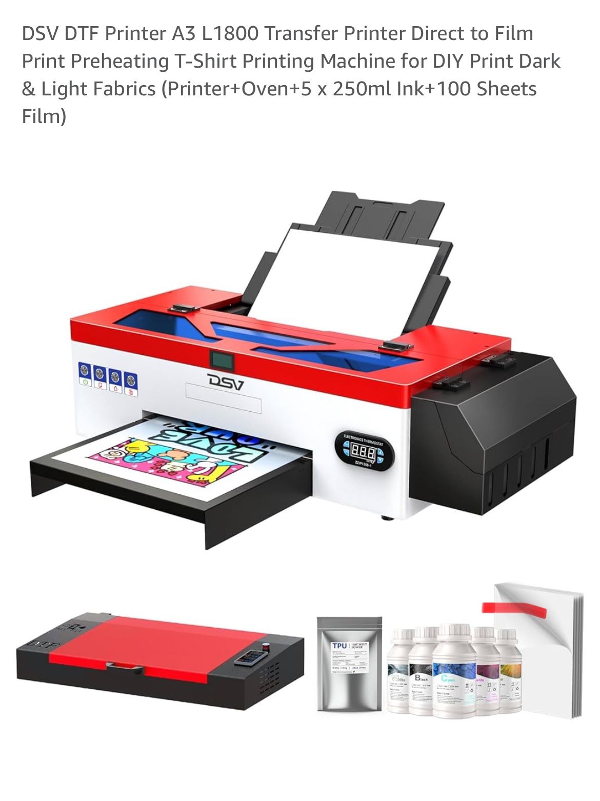 DSV DTF Printer A3 L1800 Transfer Printer Direct to Film Print Preheating T-Shirt Printing Machine for DIY Print Dark & Light Fabrics (Printer+Oven+5