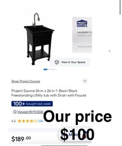 Project Source 24-in x 24-in 1-Basin Black Freestanding Utility tub with Drain with Faucet