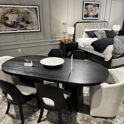 Black Dining Room Set / 7pc Oval Dining  Table Textured wood grain surface