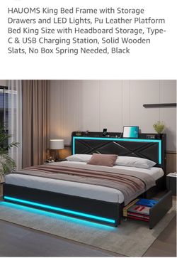 HAUOMS King Bed Frame with LED Lights and Storage