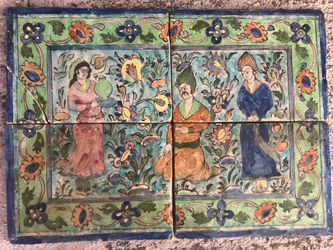 Antique 19th Century Persian Qajar Hand Painted Tile Panel – 4 Tile Scene 20x28