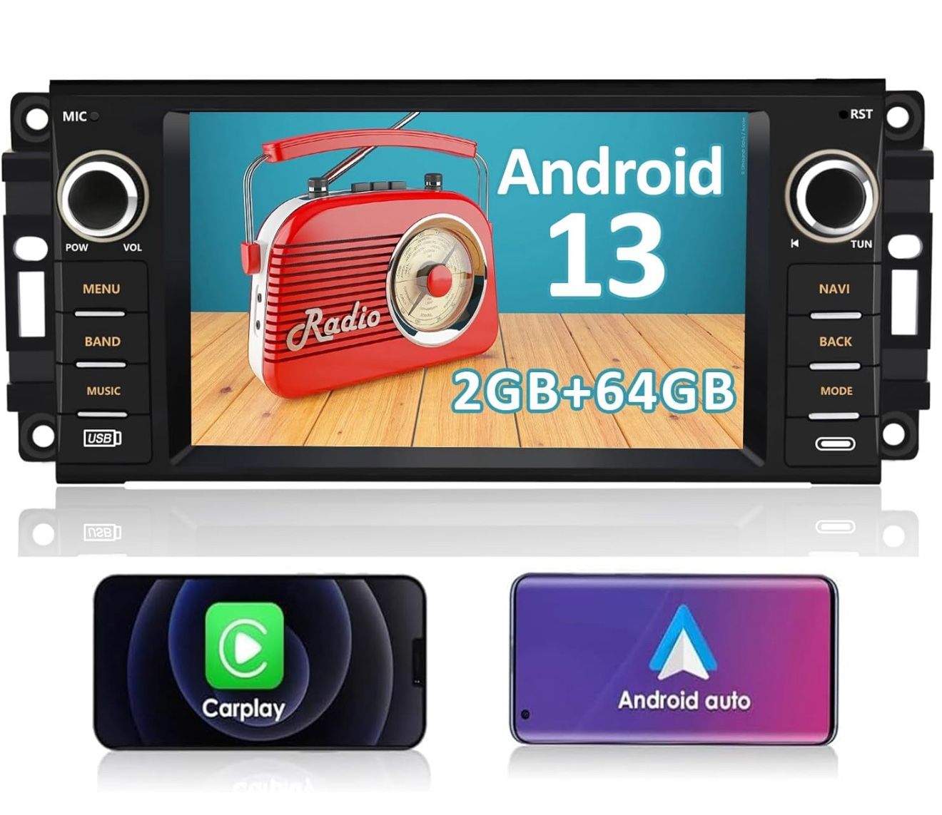 Radio for Jeep Wrangler JK Dodge RAM 1 3500 Compass Grand Cherokee, Android 13 2GB+64GB with Wireless CarPlay/Android Auto FM AM WiFi, Backup