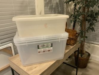 Pants Hangers, TV table, Wicker baskets, 3 plastic tubs with tops