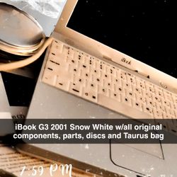 Vintage Apple iBook G3 (Model M649) Fully Functional w/orig cords, pamphlets, discs and Taurus Bag