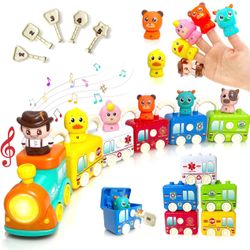IHUESHO 7 in 1 Juguete Educativo, One Year Old Toys, for 1-3 Year Old Toddlers, 29PCS Matching & Sorting Farm Train with Finger Puppets, Music & Vehic