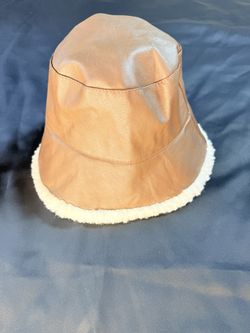 Brown Faux Leather Bucket Hat with Cream Trim brown