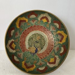 Vintage Peacock Enamel Brass Bowl Pedestal Dish Hand Painted Indian Decor