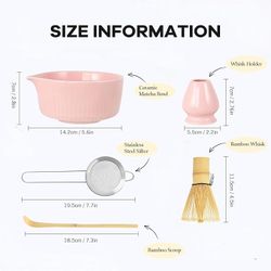 Pink Traditional Matcha Whisk Set, 5 Pcs Japanese Matcha Kit with Chawan Ceramic Bowl with Spout, Chasen Bamboo Whisk and Holder, Scoop, Sifter - Matc