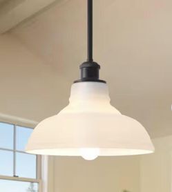60 -Watt 1-Light Dome Shaded Pendant Light with Cream Glass Shade and Black hanging rod, No Bulbs Included