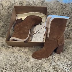 New UGG Heeled Boots Brown Suede Sheepskin Inside Women’s Size 10