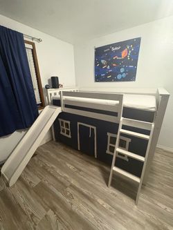 Way fair Traditional Wood Twin over Twin Tent Bed with storage cover.