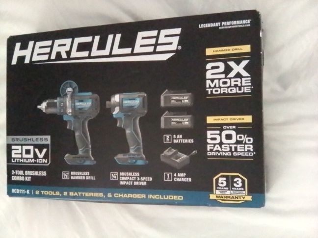 **PRICED 2 SELL FAST** NEW
HERCULES 20V Brushless Cordless Hammer Drill and Impact Driver 2-Tool Combo Kit with
(2) 5 Ah Batteries and Charger