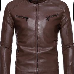L size Men's Leather Jacket, Full Sleeve, Casual Lightweight, Zipper Up,Motorcycle Jacket,Stand Collar