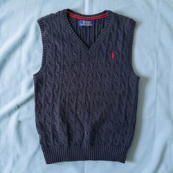 Polo Ralph Lauren Kids V-Neck Cable Knit Sweater Vest Navy Blue Red Logo Medium