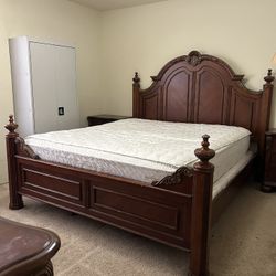 king size bed frame, headboard, mattress