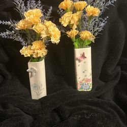2 Small Vases With Butterfly And Flowers