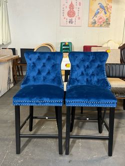 🔥Set of 2🔥Velvet Upholstered Dining Bar Chairs Counter Height Barstools Wood Legs with Button Tufted Nailed Trim Back Ring for Home Bar Dining Room(