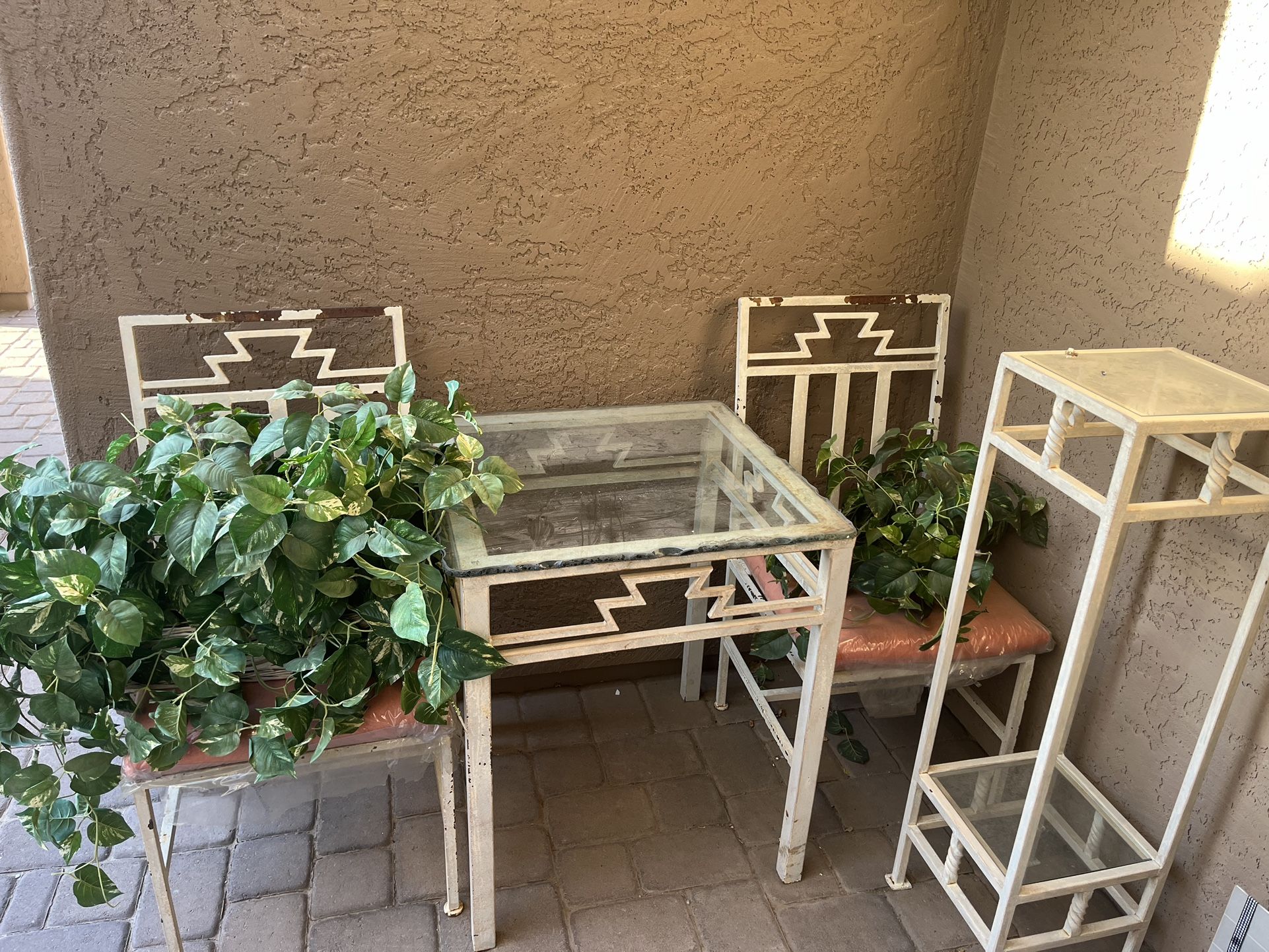 Patio Furniture: Chairs, Table, Side Piece, Plants