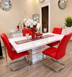Modern White Dining Set with Red Chairs — Take It Home with Only ~$53 Down! 🍽️✨