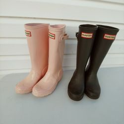 Pink Hunter Boots And Dark Green Hunter Boots Girls Size 1 Boys Size 2.