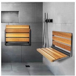 Folding Shower Seat Teak, Bath Safety Furniture Black Stainless Steel,, Fold Down Shower Seat