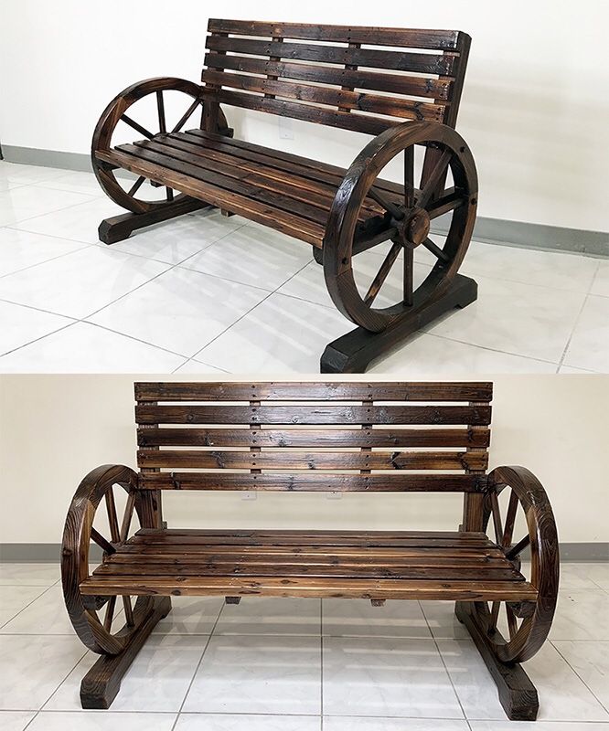 (New In Box) $145 Large 50” Wooden Wagon Bench Rustic Wheel for Patio Garden Outdoor 50x23x34”