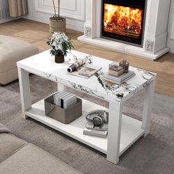 Coffee Table 40" Faux Marble White Oak 2-Tier Rectangle Thickened Wooden Table  (Classic White Oak)