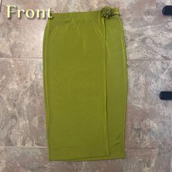 🌿 Olive Green Wrap Midi Skirt with Floral Detail | Elegant & Stretchy