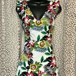 Zara Floral Cutout Mini Romper Dress Size Small Teal Green Pink Tropical Print
