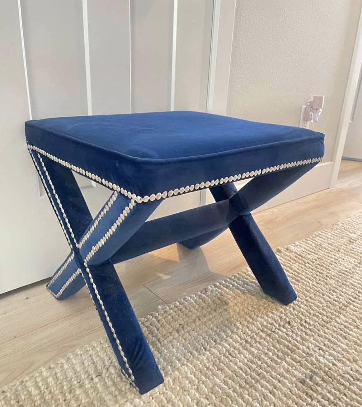 Royal blue Velvet upholstered entryway or shoe bench with metal nail detailing