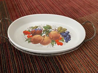 Vintage Collezione La Treccia Fruit / Orchard Oval Serving Dish with Metal Carrying Tray / Stand Total width 15.5” x 9.5