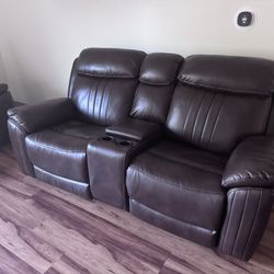 Power Recliner Love Seat And Couch (brown Leather)