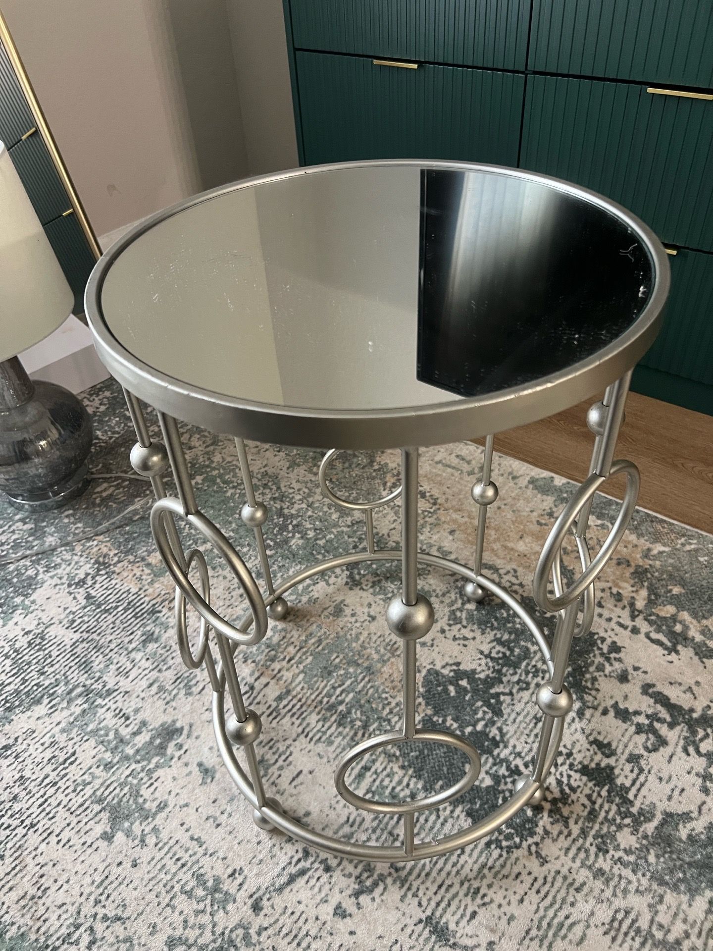Two Glam Round Silver Side Table with Mirror Top – Decorative Metal Base
