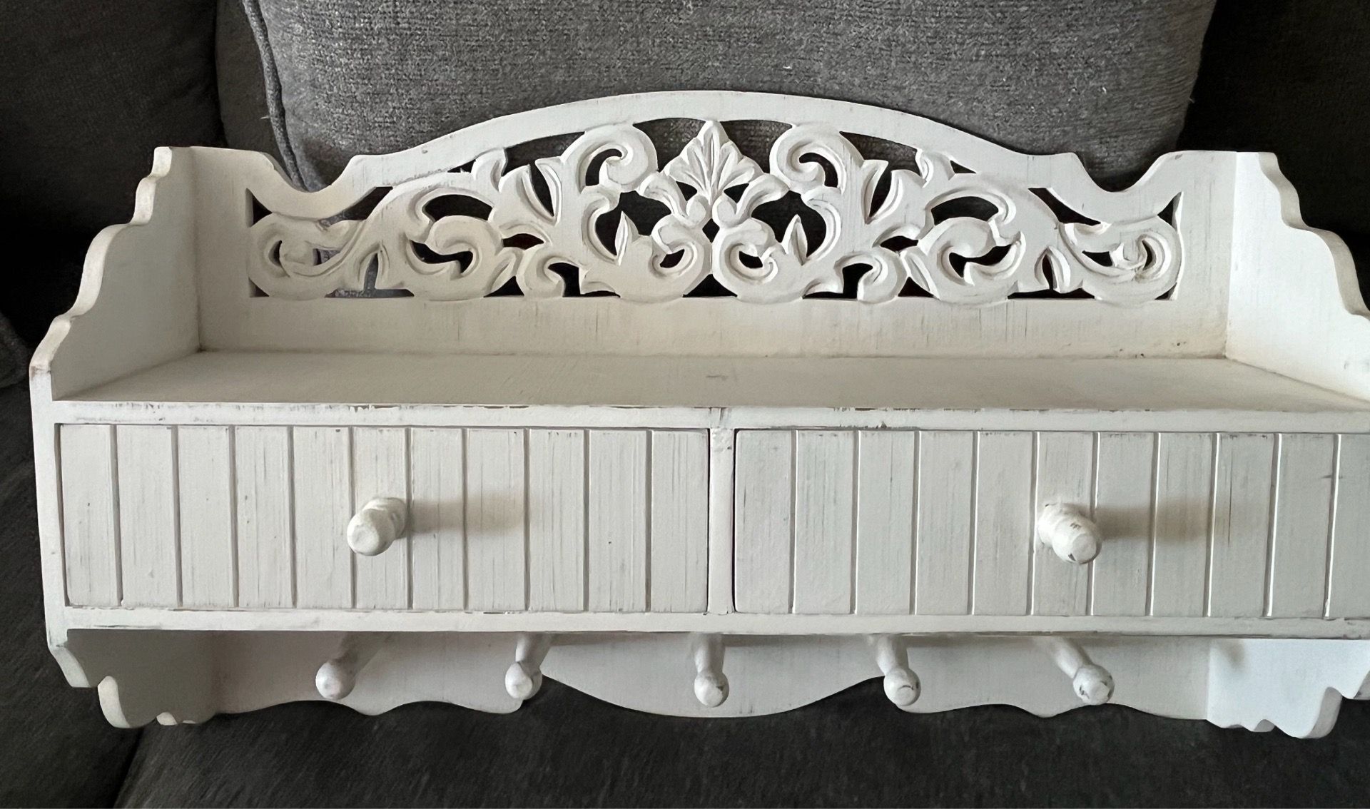 White Wall Shelf with 2 Drawers & 5 Peg Hooks