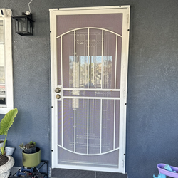 Metal door security door  Width 36 inches   Height  80 inches  Comes  with frame ready to install plug and play No door knobs no keys only door and fr