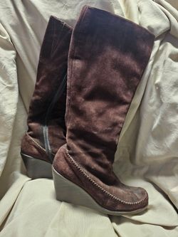 Brown Suede Knee-High Wedge Boots
