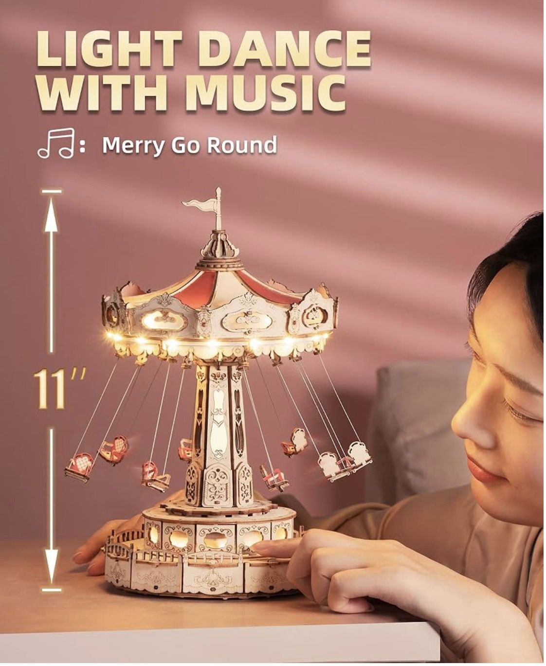ROKR 3D Puzzles for Adults-Projects for Teens-LED Swing Ride Model Building Kit-Music Box DIY Kit-Gift for Teens and Adults