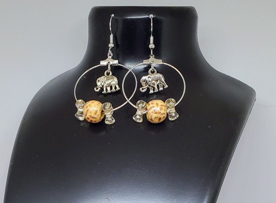 Elephants And Beaded Hoops, Silver -1.5" Hoop Earrings,