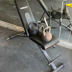 Workout bench. Kettlebells
