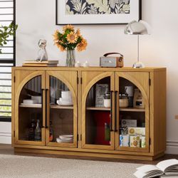 4-Door Large Storage Sideboard Cabinet with Glass Doors